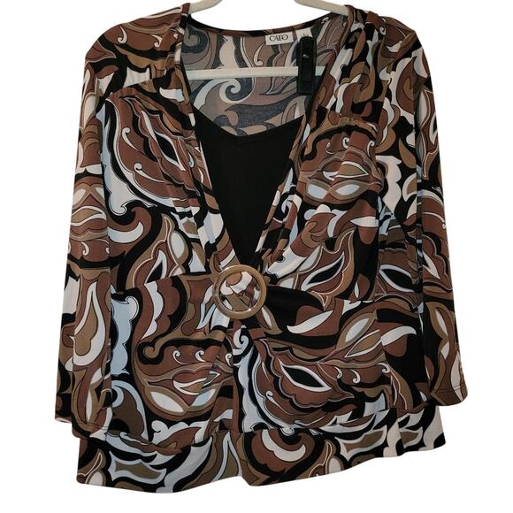 Vintage Y2K Abstract Floral Brown Top Blouse Buckle Front Detail Size L Cato - Picture 1 of 9